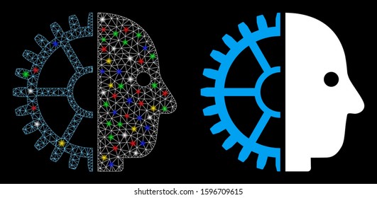 Flare mesh cyborg head icon with glare effect. Abstract illuminated model of cyborg head. Shiny wire carcass triangular mesh cyborg head icon. Vector abstraction on a black background.