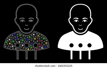 Flare mesh cyborg interface icon with glow effect. Abstract illuminated model of cyborg interface. Shiny wire carcass polygonal mesh cyborg interface icon. Vector abstraction on a black background.