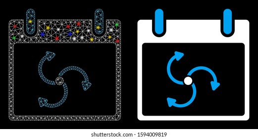 Flare mesh cyclone calendar day icon with glare effect. Abstract illuminated model of cyclone calendar day. Shiny wire carcass polygonal mesh cyclone calendar day icon.