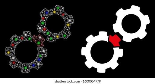 Flare mesh damaged gears icon with lightspot effect. Abstract illuminated model of damaged gears. Shiny wire carcass triangular mesh damaged gears icon. Vector abstraction on a black background.