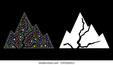 Flare mesh damaged rocks icon with glitter effect. Abstract illuminated model of damaged rocks. Shiny wire frame triangular mesh damaged rocks icon. Vector abstraction on a black background.
