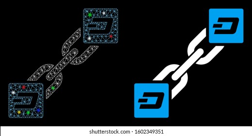 Flare mesh Dash blockchain icon with glow effect. Abstract illuminated model of Dash blockchain. Shiny wire frame triangular mesh Dash blockchain icon. Vector abstraction on a black background.
