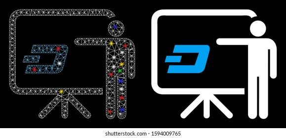 Flare mesh Dash board presentation person icon with sparkle effect. Abstract illuminated model of Dash board presentation person. Shiny wire frame polygonal mesh Dash board presentation person icon.
