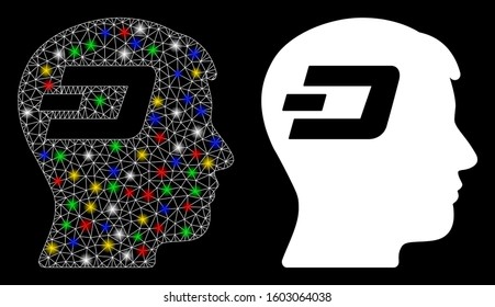Flare mesh Dash brain icon with sparkle effect. Abstract illuminated model of Dash brain. Vector abstraction on a black background.