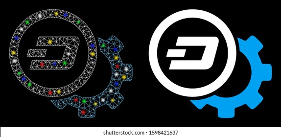 Flare mesh Dash configuration gear icon with glitter effect. Abstract illuminated model of Dash configuration gear. Shiny wire frame polygonal mesh Dash configuration gear icon.
