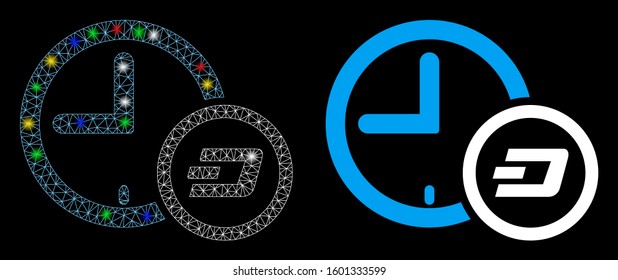 Flare mesh Dash credit clock icon with glare effect. Abstract illuminated model of Dash credit clock. Shiny wire carcass polygonal mesh Dash credit clock icon.