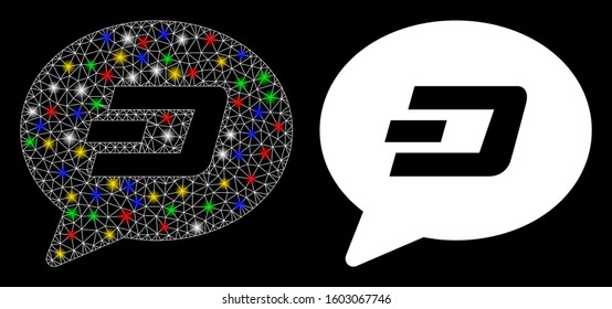 Flare mesh Dash message balloon icon with lightspot effect. Abstract illuminated model of Dash message balloon. Shiny wire frame polygonal network Dash message balloon icon.
