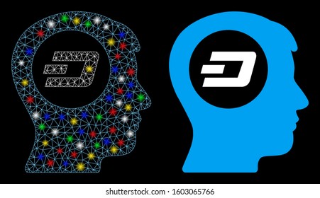 Flare mesh Dash think icon with lightspot effect. Abstract illuminated model of Dash think. Shiny wire frame triangular network Dash think icon. Vector abstraction on a black background.