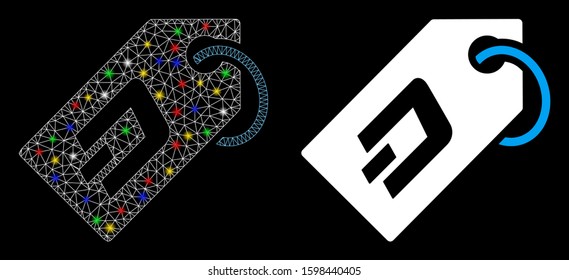 Flare mesh Dash token icon with glitter effect. Abstract illuminated model of Dash token. Shiny wire carcass polygonal mesh Dash token icon. Vector abstraction on a black background.