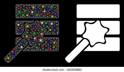Flare mesh database wizard icon with glow effect. Abstract illuminated model of database wizard. Shiny wire carcass polygonal network database wizard icon. Vector abstraction on a black background.