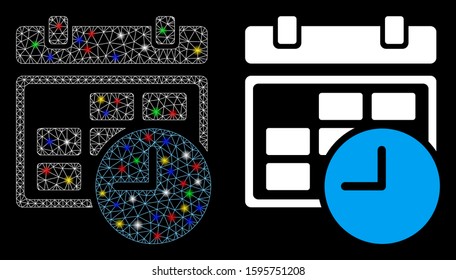 Flare mesh date and time icon with sparkle effect. Abstract illuminated model of date and time. Shiny wire carcass triangular network date and time icon. Vector abstraction on a black background.