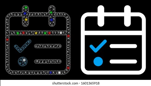 Flare mesh day tasklist icon with glow effect. Abstract illuminated model of day tasklist. Shiny wire frame triangular mesh day tasklist icon. Vector abstraction on a black background.