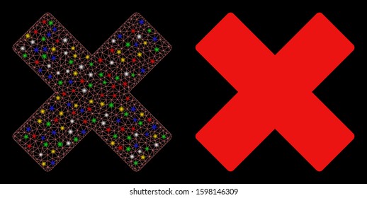Flare mesh delete x-cross icon with glare effect. Abstract illuminated model of delete x-cross. Shiny wire frame triangular mesh delete x-cross icon. Vector abstraction on a black background.