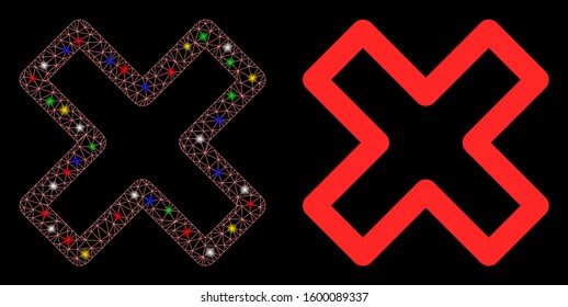 Flare mesh delete x-cross icon with glare effect. Abstract illuminated model of delete x-cross. Shiny wire carcass triangular mesh delete x-cross icon. Vector abstraction on a black background.