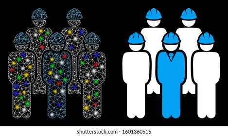 Flare mesh developer staff icon with glitter effect. Abstract illuminated model of developer staff. Shiny wire carcass polygonal mesh developer staff icon. Vector abstraction on a black background.