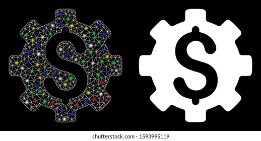 Flare mesh development cost icon with lightspot effect. Abstract illuminated model of development cost. Shiny wire carcass triangular mesh development cost icon.