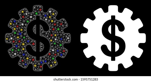 Flare mesh development cost icon with glare effect. Abstract illuminated model of development cost. Shiny wire carcass polygonal mesh development cost icon. Vector abstraction on a black background.