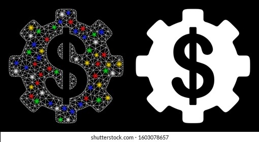 Flare mesh development cost icon with sparkle effect. Abstract illuminated model of development cost. Shiny wire carcass triangular mesh development cost icon.