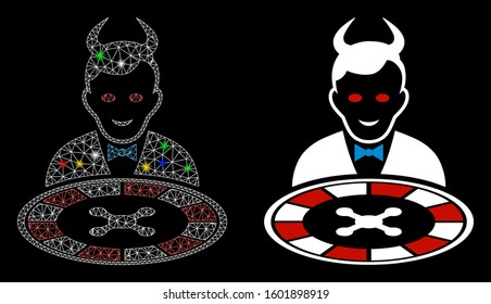 Flare mesh devil roulette dealer icon with glitter effect. Abstract illuminated model of devil roulette dealer. Shiny wire carcass polygonal mesh devil roulette dealer icon.