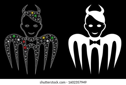Flare mesh devil spectre icon with glare effect. Abstract illuminated model of devil spectre. Shiny wire carcass triangular mesh devil spectre icon. Vector abstraction on a black background.