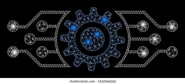 Flare mesh digital cog with sparkle effect. Abstract illuminated model of digital cog icon. Shiny wire frame polygonal mesh digital cog. Vector abstraction on a black background.
