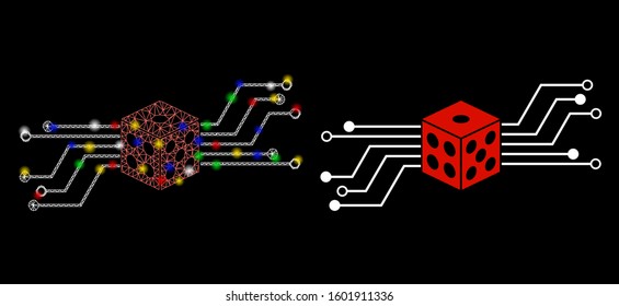 Flare mesh digital dice circuit icon with sparkle effect. Abstract illuminated model of digital dice circuit. Shiny wire frame polygonal mesh digital dice circuit icon.