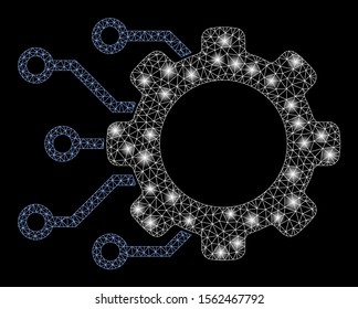Flare mesh digital gearwheel with glare effect. Abstract illuminated model of digital gearwheel icon. Shiny wire frame triangular mesh digital gearwheel. Vector abstraction on a black background.