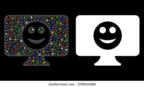 Flare mesh display smile icon with lightspot effect. Abstract illuminated model of display smile. Shiny wire carcass triangular mesh display smile icon. Vector abstraction on a black background.