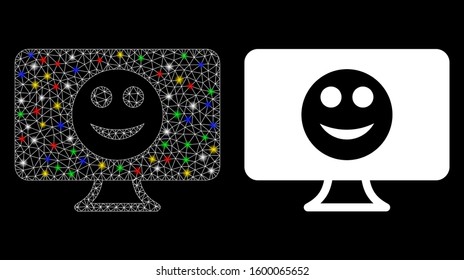 Flare mesh display smile icon with sparkle effect. Abstract illuminated model of display smile. Shiny wire carcass triangular network display smile icon. Vector abstraction on a black background.