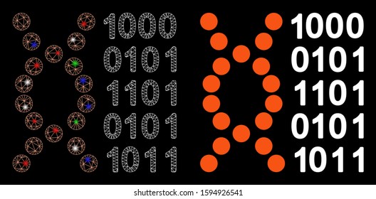Flare mesh DNA code icon with glitter effect. Abstract illuminated model of DNA code. Shiny wire frame triangular mesh DNA code icon. Vector abstraction on a black background.