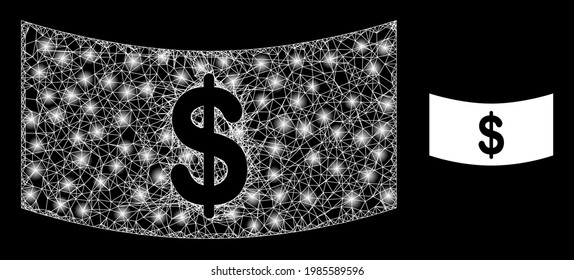 Fare-Mesh-Dollar-Banknote mit Leuchtpunkten. Flachgewebe aus Draht, erzeugt mit Kreuzung von weißen Linien und Dollar-Banknotensymbol.