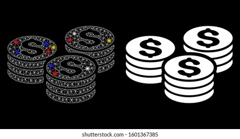 Flare mesh dollar coin stacks icon with glare effect. Abstract illuminated model of dollar coin stacks. Shiny wire frame polygonal mesh dollar coin stacks icon.