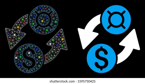 Flare mesh dollar currency exchange icon with glare effect. Abstract illuminated model of dollar currency exchange. Shiny wire frame polygonal mesh dollar currency exchange icon.
