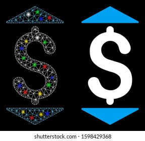 Flare mesh dollar up down icon with glare effect. Abstract illuminated model of dollar up down. Shiny wire carcass polygonal mesh dollar up down icon. Vector abstraction on a black background.