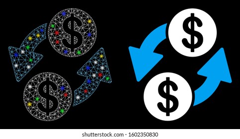 Flare mesh dollar exchange icon with lightspot effect. Abstract illuminated model of dollar exchange. Shiny wire carcass polygonal mesh dollar exchange icon. Vector abstraction on a black background.