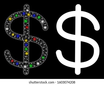 Flare mesh dollar icon with glare effect. Abstract illuminated model of dollar. Shiny wire carcass triangular network dollar icon. Vector abstraction on a black background.