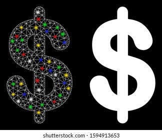 Flare mesh dollar icon with glow effect. Abstract illuminated model of dollar. Shiny wire frame triangular mesh dollar icon. Vector abstraction on a black background.