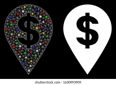 Flare mesh dollar map marker icon with glow effect. Abstract illuminated model of dollar map marker. Shiny wire carcass triangular mesh dollar map marker icon.