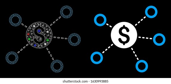 Flare mesh dollar network links icon with glitter effect. Abstract illuminated model of dollar network links. Shiny wire frame triangular mesh dollar network links icon.