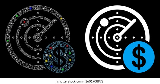Flare mesh dollar radar icon with glitter effect. Abstract illuminated model of dollar radar. Shiny wire frame triangular mesh dollar radar icon. Vector abstraction on a black background.