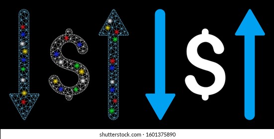 Flare mesh dollar swap icon with glare effect. Abstract illuminated model of dollar swap. Shiny wire carcass polygonal mesh dollar swap icon. Vector abstraction on a black background.