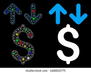 Flare mesh dollar transactions icon with lightspot effect. Abstract illuminated model of dollar transactions. Shiny wire carcass polygonal mesh dollar transactions icon.