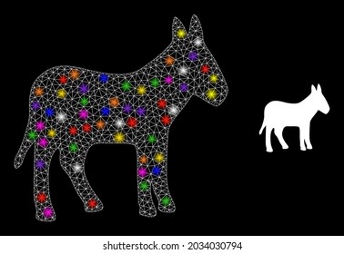 Flare mesh donkey constellation icon with lightspots. Illuminated vector model based on donkey picture. Sparkle carcass mesh donkey on a black background. Wire carcass flat mesh in vector format.