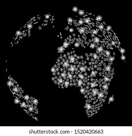Flare mesh dotted abstract globe with glare effect. Abstract illuminated model of dotted abstract globe icon. Shiny wire frame triangular mesh dotted abstract globe.