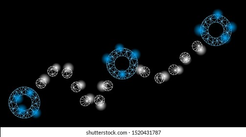 Flare mesh dotted chart with glare effect. Abstract illuminated model of dotted chart icon. Shiny wire frame triangular network dotted chart. Vector abstraction on a black background.