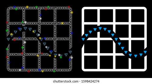 Flare mesh dotted function chart icon with lightspot effect. Abstract illuminated model of dotted function chart. Shiny wire carcass polygonal mesh dotted function chart icon.