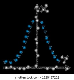 Flare mesh dotted gauss plot with glare effect. Abstract illuminated model of dotted gauss plot icon. Shiny wire carcass triangular mesh dotted gauss plot. Vector abstraction on a black background.