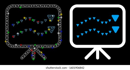 Flare mesh dotted trends board icon with sparkle effect. Abstract illuminated model of dotted trends board. Shiny wire frame polygonal mesh dotted trends board icon.