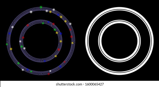 Flare mesh double circle frame icon with glitter effect. Abstract illuminated model of double circle frame. Shiny wire carcass triangular mesh double circle frame icon.