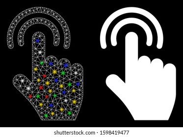 Flare mesh double tap icon with glare effect. Abstract illuminated model of double tap. Shiny wire carcass triangular mesh double tap icon. Vector abstraction on a black background.